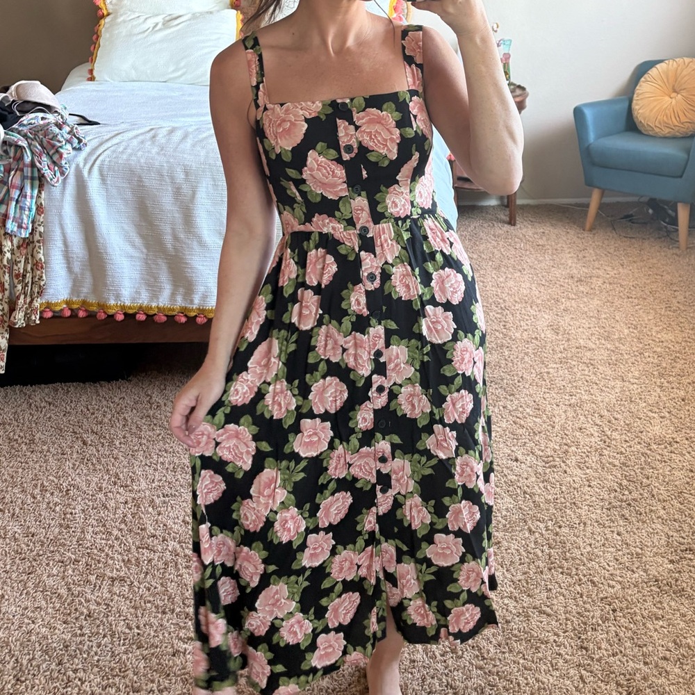 Reformation Black and Pink Floral Midi Dress